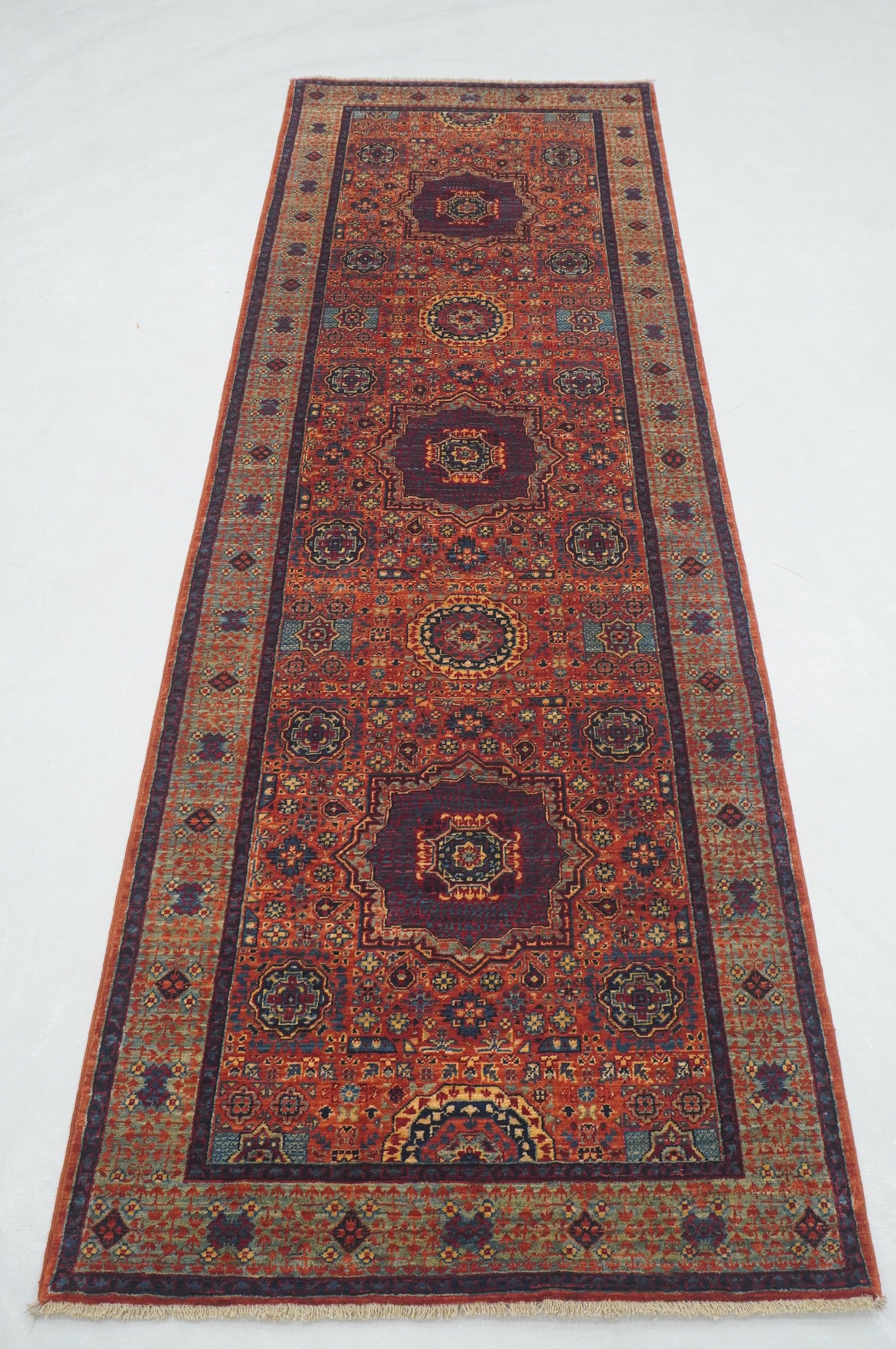 8 ft Rusty Red Mamluk Turkish Hand knotted Runner Rug