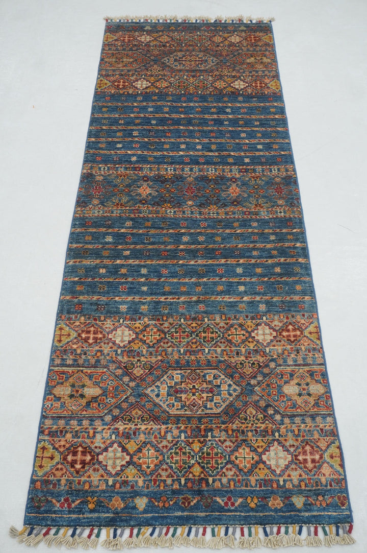 2x7 ft Blue Tribal Afghan Hand knotted Runner Rug