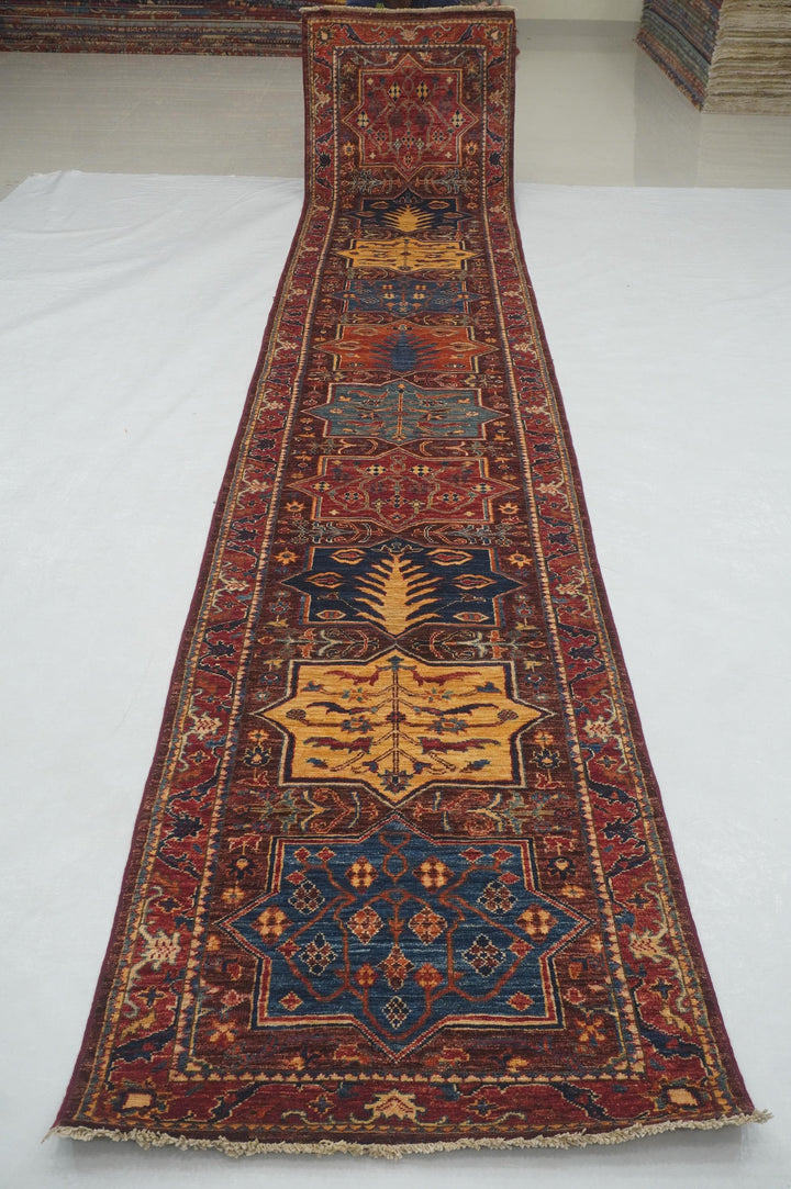 15 ft Maroon Red Bakhtiari Afghan hand knotted Runner Rug