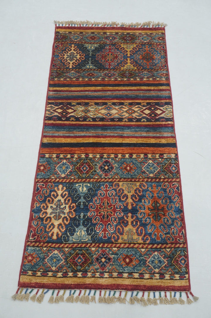 2x5 Blue Tribal Afghan hand knotted Narrow Runner Rug