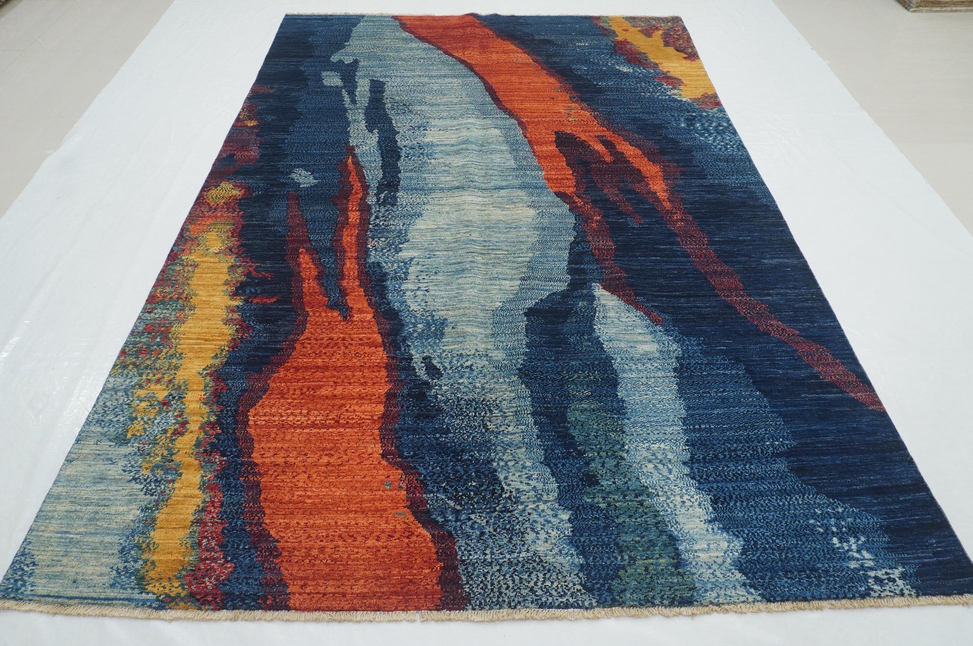 7x10 Navy Blue Modern Afghan knotted Contemporary Abstract Rug