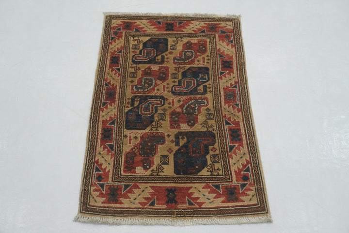 2x3 Beige Vintage Baluch Afghan Hand knotted Rug