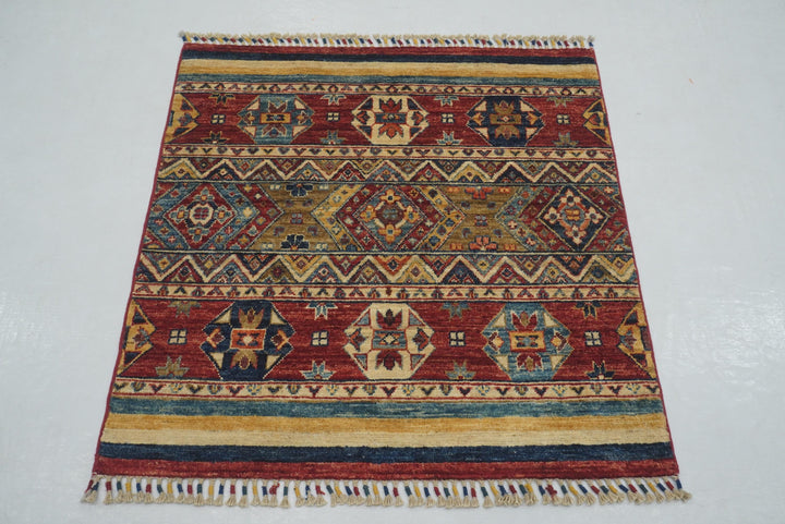 3x3 Red Tribal Afghan Handmade Square Rug