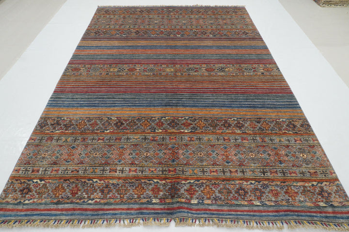 7x10 Gray Khorjun Tribal Afghan Hand knotted Striped Rug