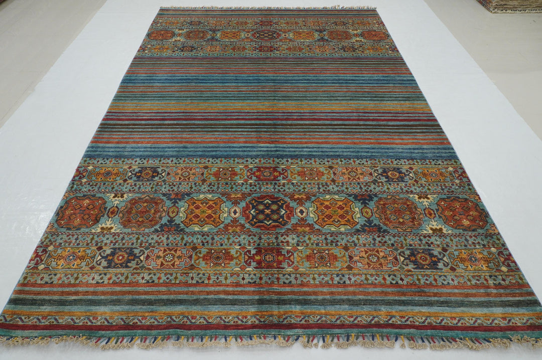 7x10 Turquoise Blue Khorjun Tribal Afghan Hand knotted Striped Rug