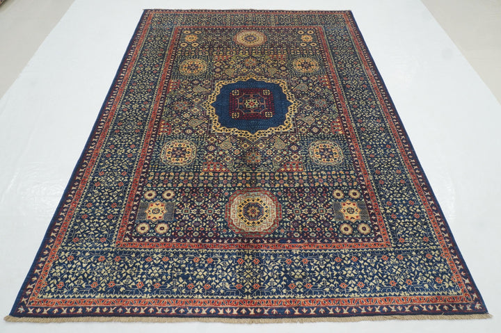 6x8'3 Navy Blue Mamluk Turkish Hand Knotted Geometric Medallion Rug