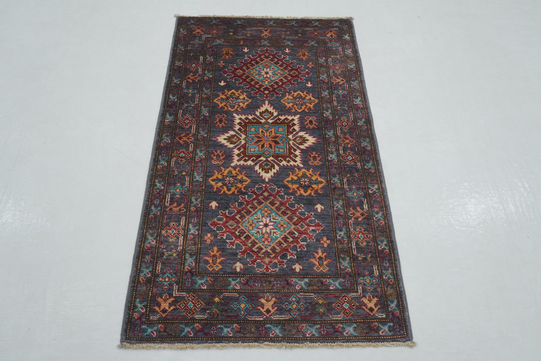 3x4 Blueish Gray Kazak Afghan Hand Knotted Oriental Rug