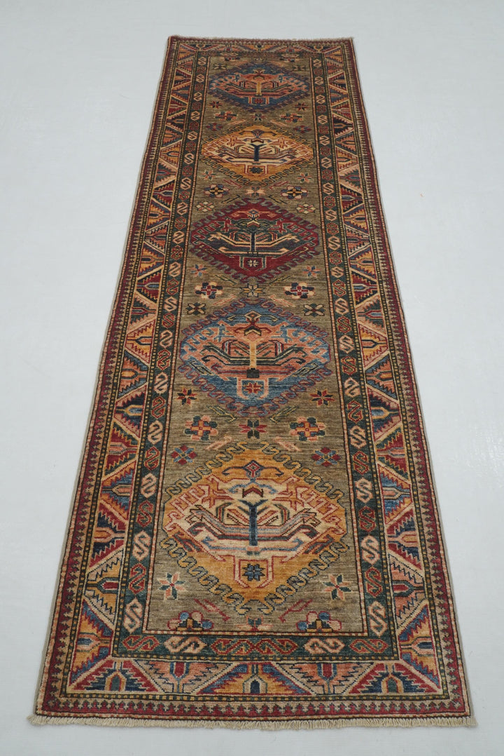 9 ft Gray Kazak Afghan Hand knotted Runner Rug