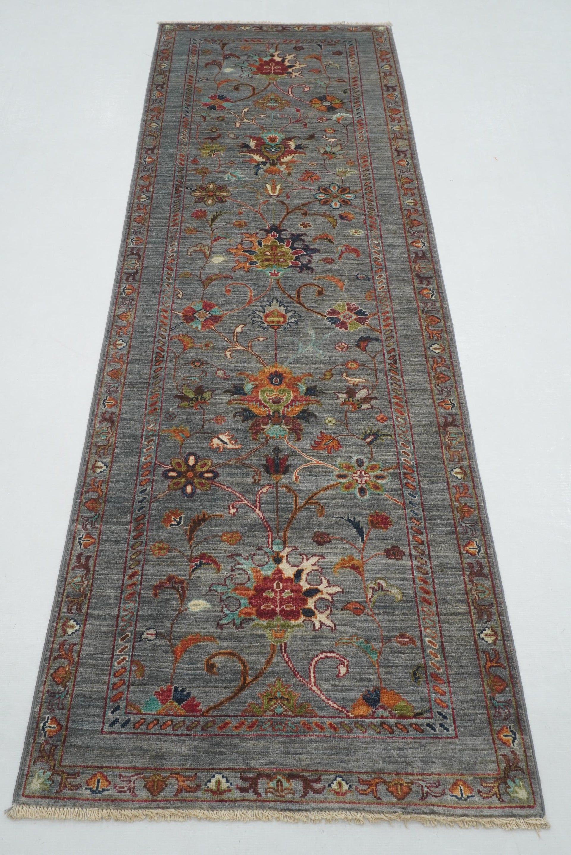 8 ft Blueish Gray Waziri Afghan Hand knotted Runner Rug