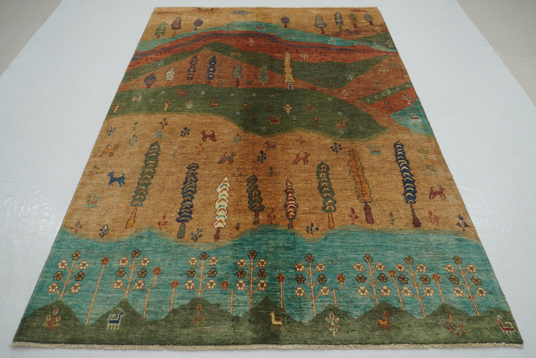 6x8 Brown Green Blue Afghan Landscape Tribal Gabbeh Rug