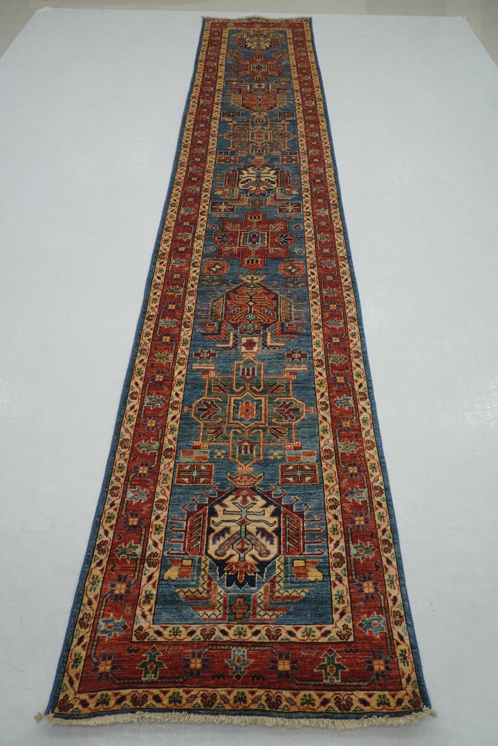 14 ft Blue Karaja Heriz Afghan Hand knotted Long Oriental Runner Rug