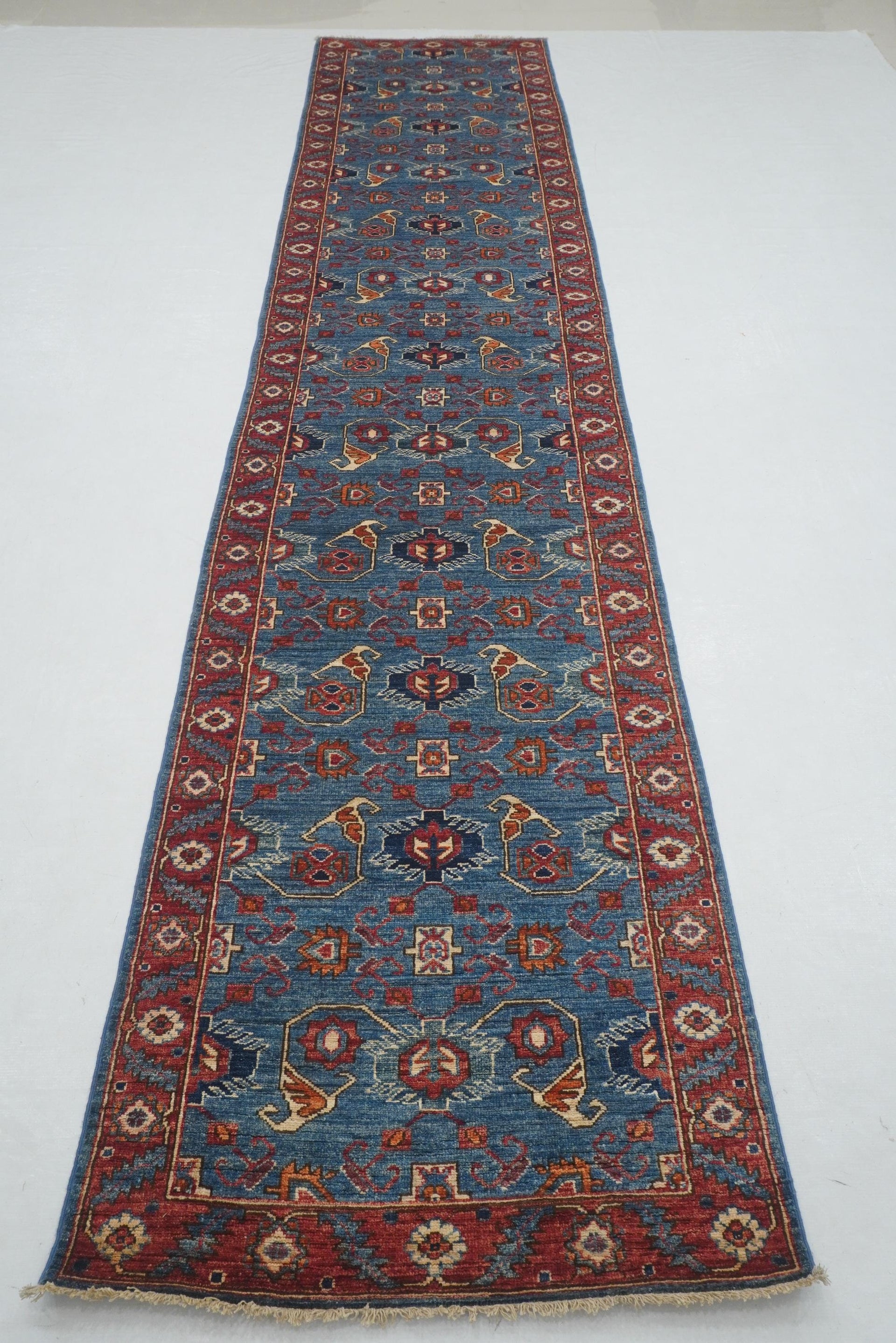 14 ft Navy Blue Serapi Traditional Afghan Hand knotted Runner Rug