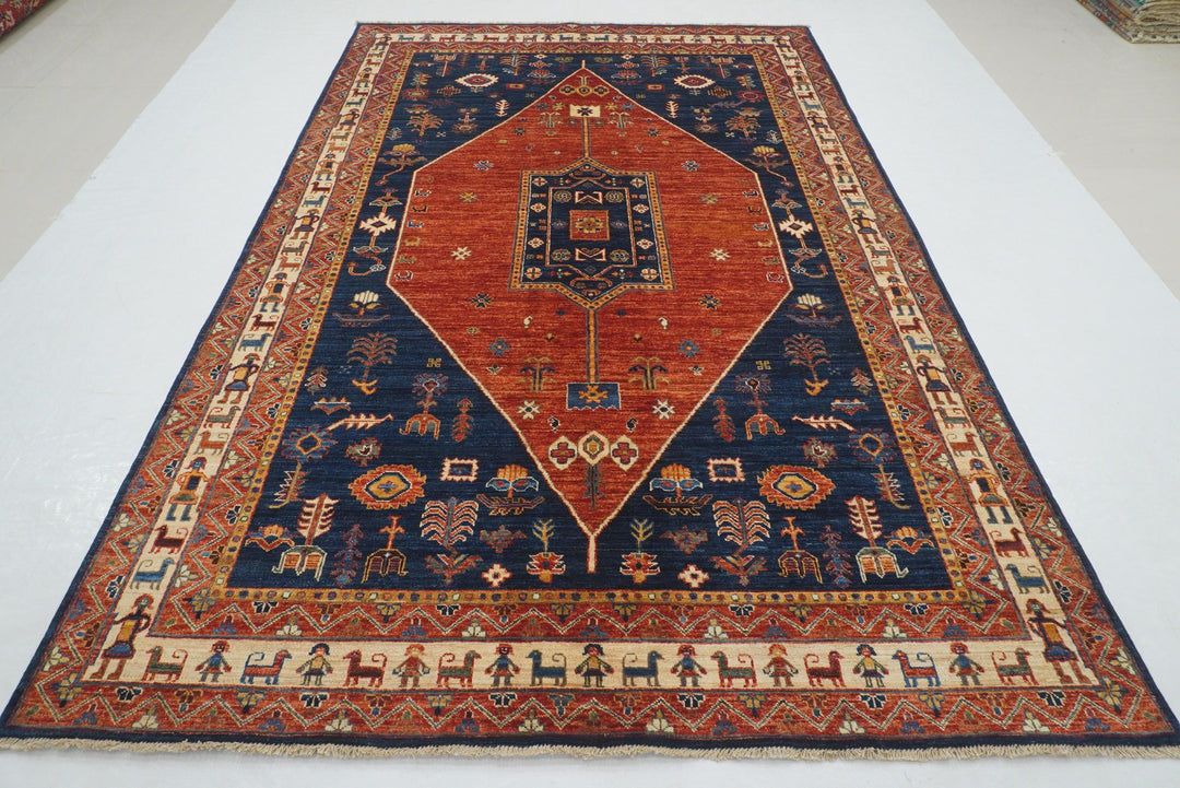 6x10 Red Navy Blue Gabbeh Afghan Nomad Qashqai Hand knotted Rug