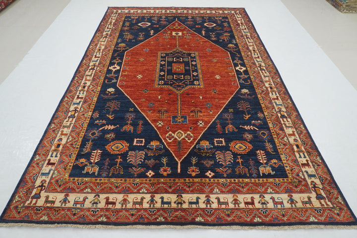 6x10 Red Navy Blue Gabbeh Afghan Nomad Qashqai Hand knotted Rug