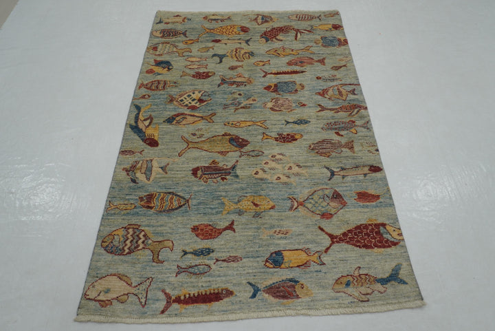 4x6 Muted Blue Fish Afghan Hand knotted Gabbeh Rug