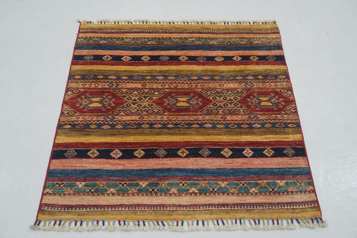 3x3 Red Tribal Afghan Hand Knotted Square Rug