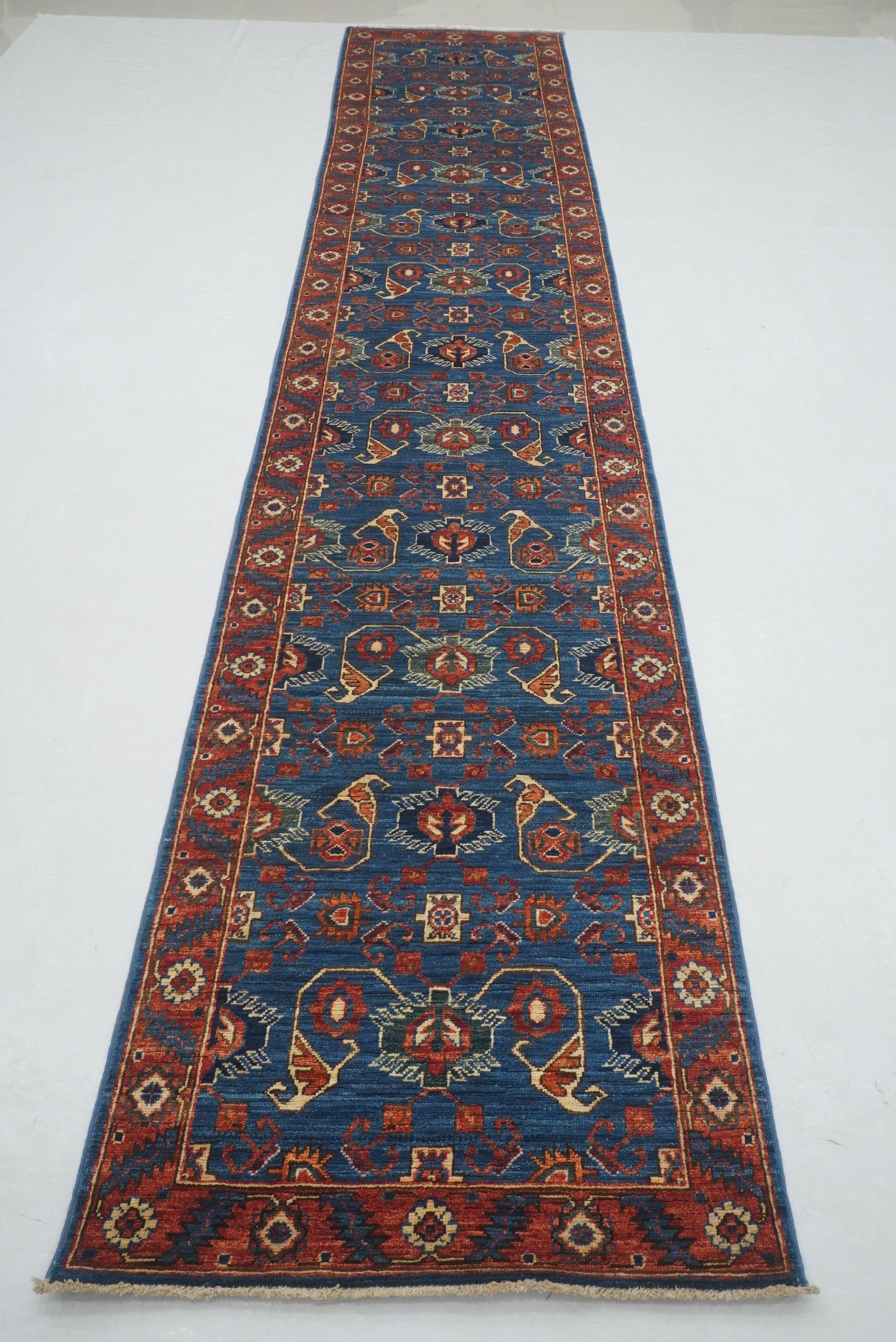 14 ft Navy Blue Serapi Afghan Hand knotted Runner Rug
