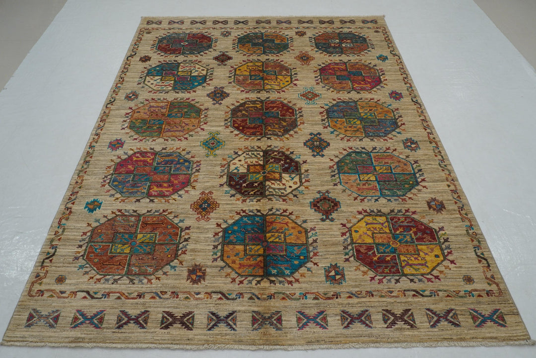 6x8 Beige Ersari Afghan Hand Knotted Rug