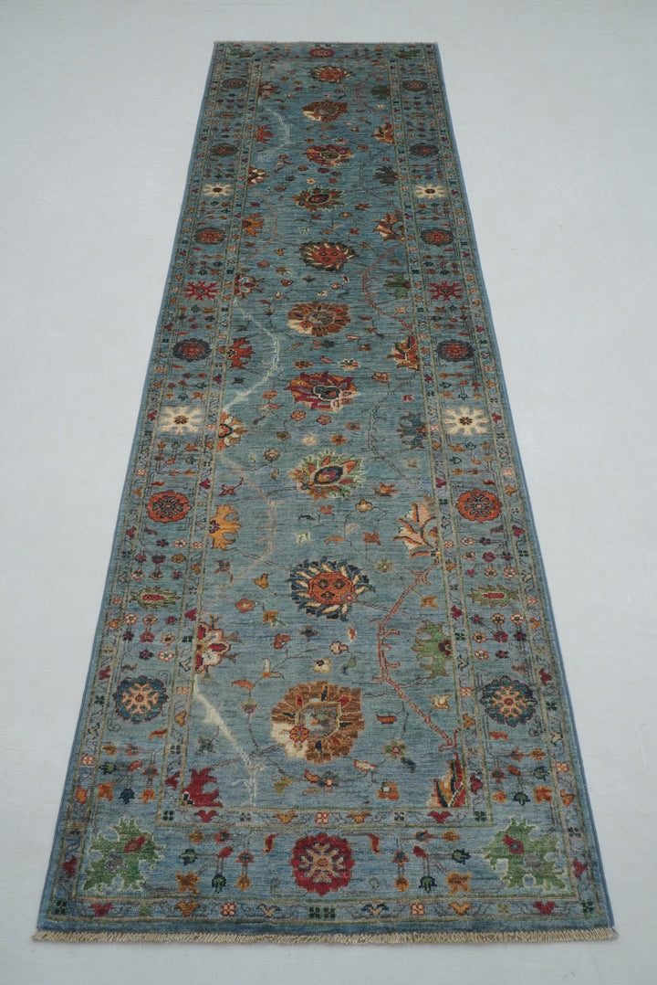 10 ft Soft Blue Waziri Afghan Hand knotted Runner Rug