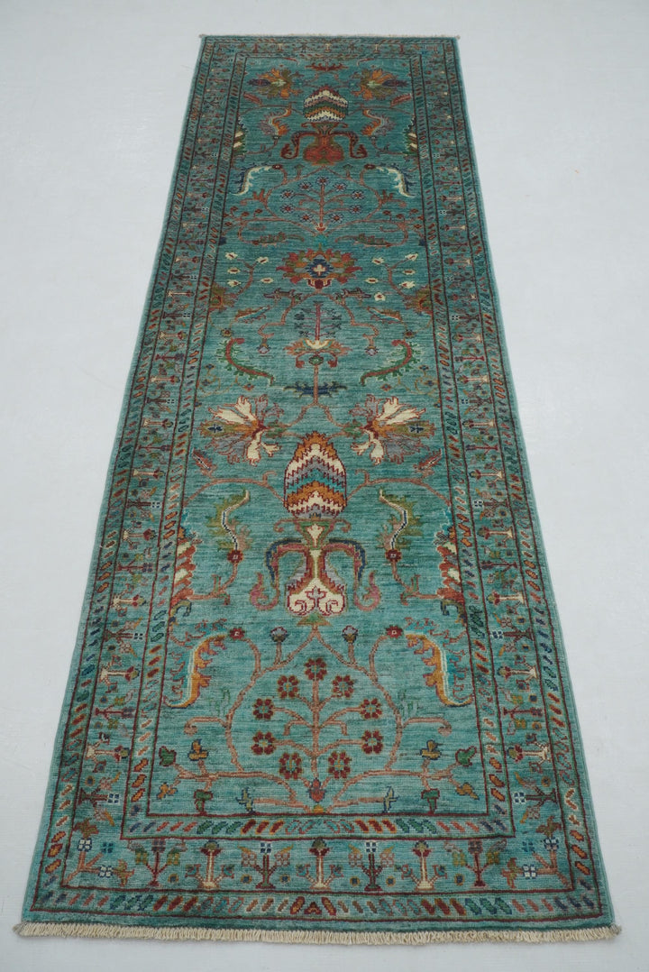 Sold 8 ft Turquoise Greenish Blue Waziri Afghan Hand knotted Runner Rug