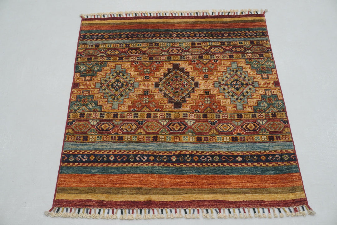 3x3 Orange Afghan Hand knotted Tribal Square Rug