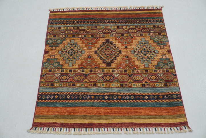 3x3 Orange Afghan Hand knotted Tribal Square Rug