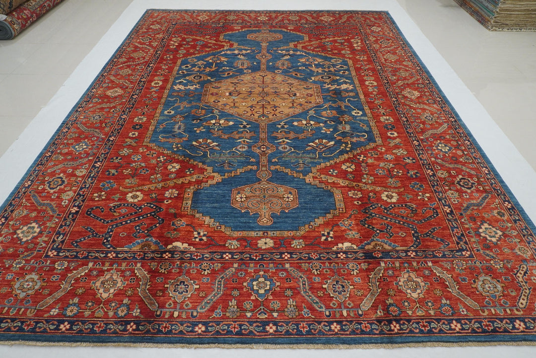 9x12 Blue Red Serapi Afghan Hand knotted Oriental Medallion Rug