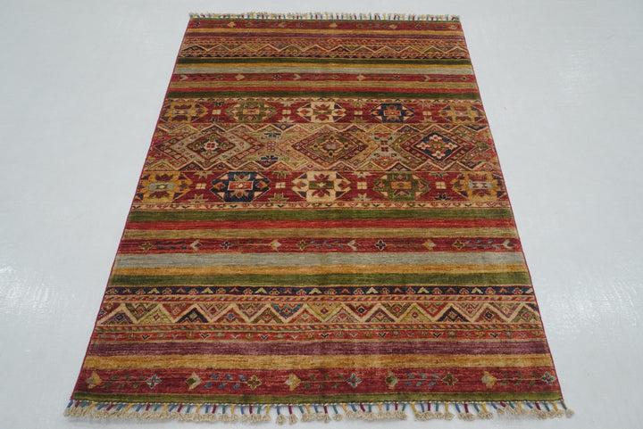 4x6 Red Green Striped Afghan Hand knotted Tribal Rug