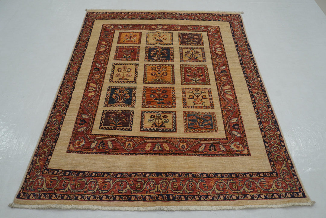 5x6 Beige Bakhtiari Afghan Hand Knotted Oriental Rug