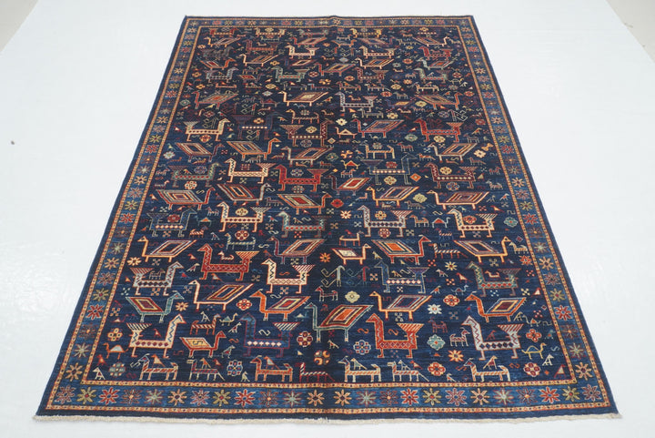 5x7 Navy Blue Afghan Hand knotted Animal Gabbeh Rug