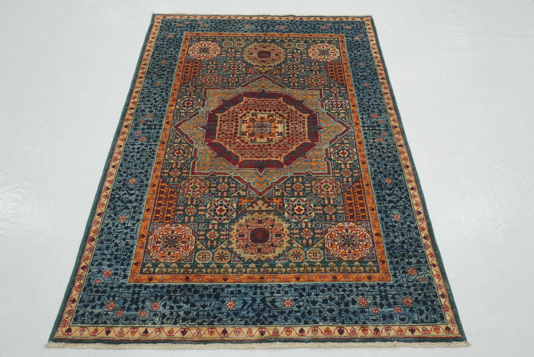 4x6 Green Mamluk Turkish Hand Knotted Medallion Rug