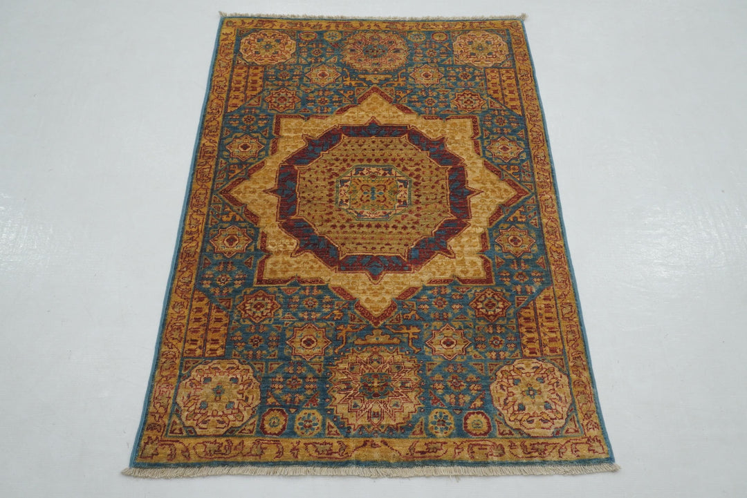 3x4 Blue Mamluk Hand knotted Turkish Medallion Rug