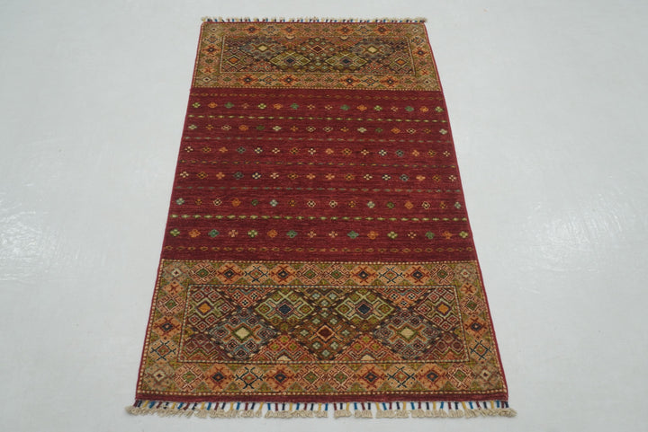 3x5 Red Afghan Hand Knotted Tribal Khorjin Rug