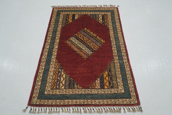 3x5 Red Turkish Shawl Hand Knotted Striped Rug