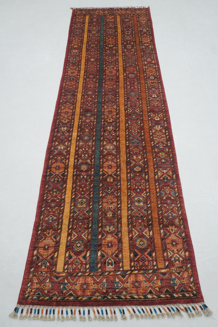 10 ft Red Turkish Shawl Striped Pattern Hand knotted Runner Rug