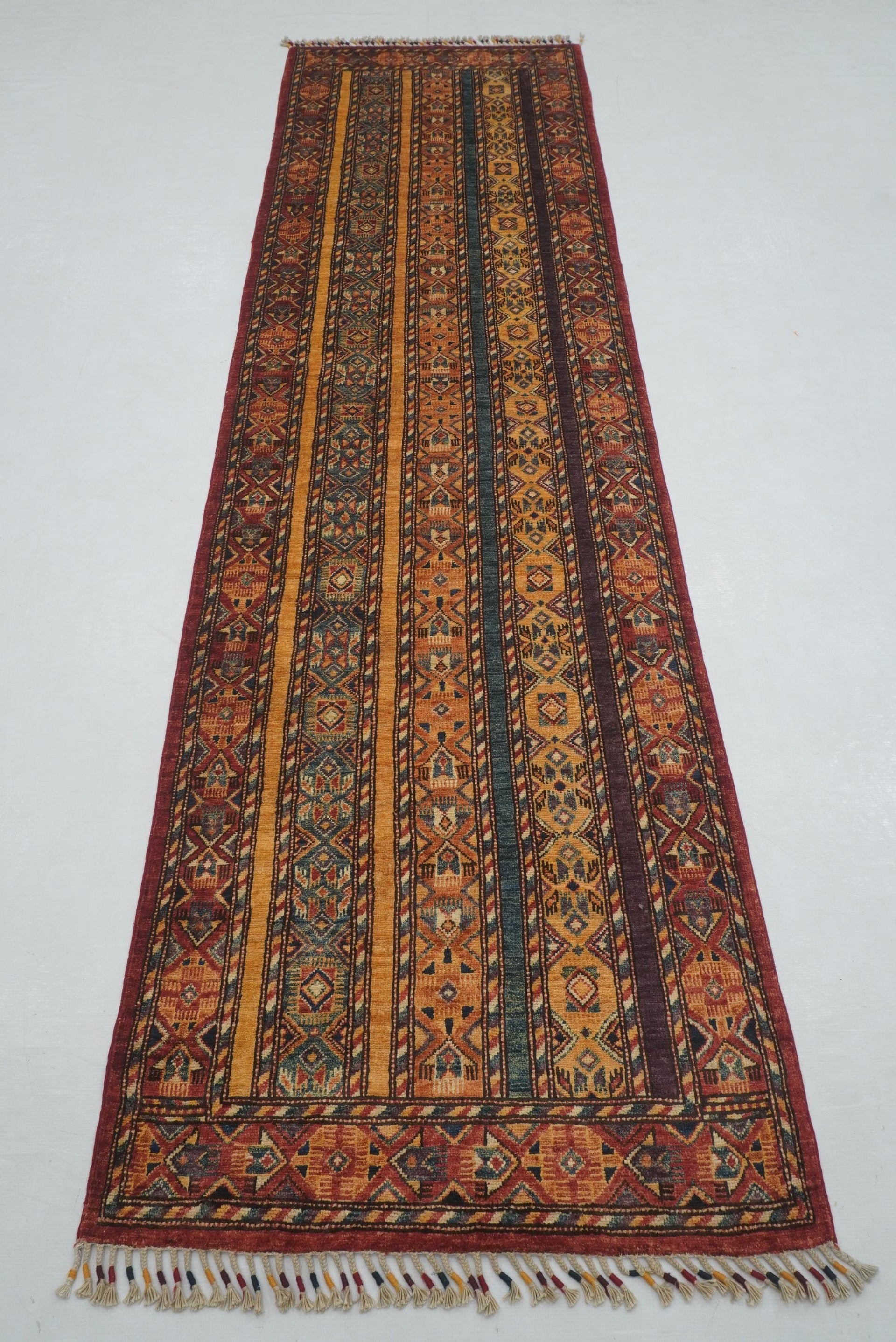 3x10 ft Red Turkish Shawl Striped Pattern Hand knotted Runner Rug