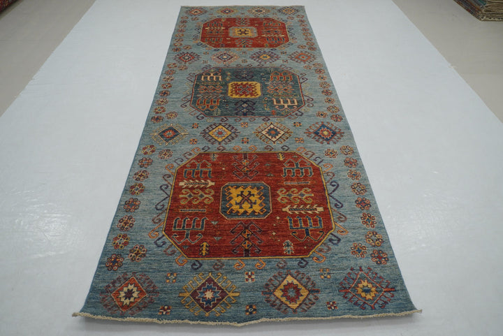 4x10 ft Blue Kazak Afghan Hand knotted Wide Runner Rug