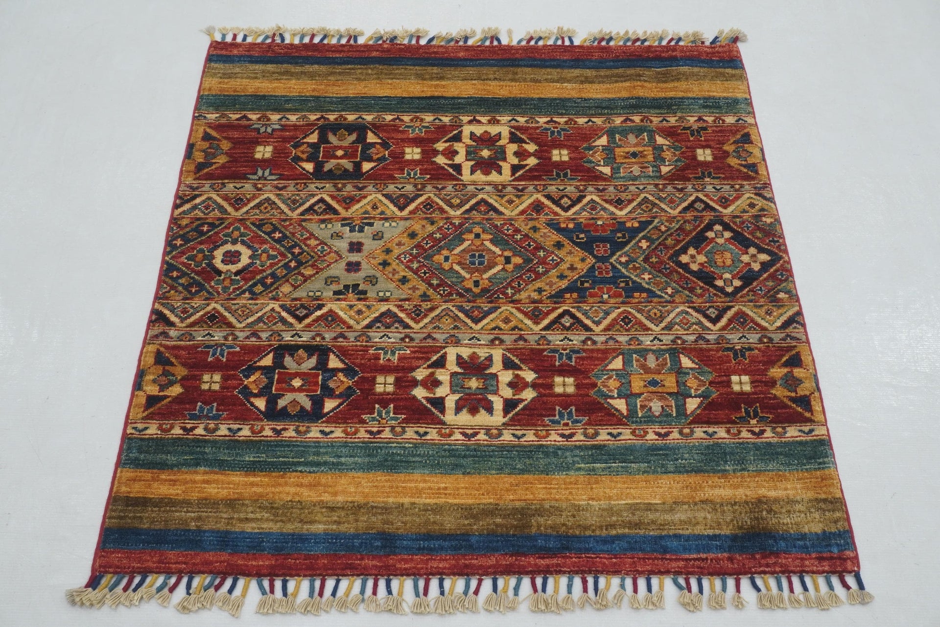 3x3 Red Tribal Afghan Hand Knotted Square Rug