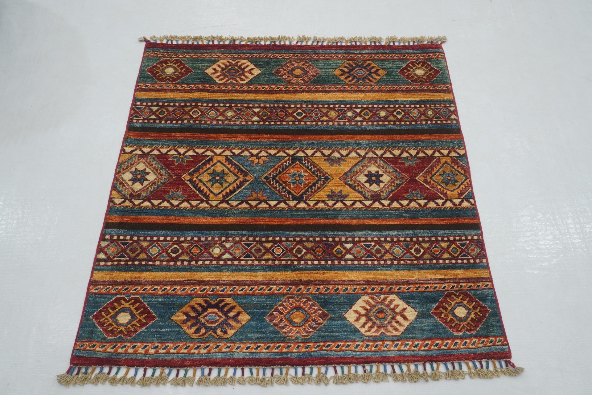 3x3 Blue Tribal Afghan Handmade Square Rug