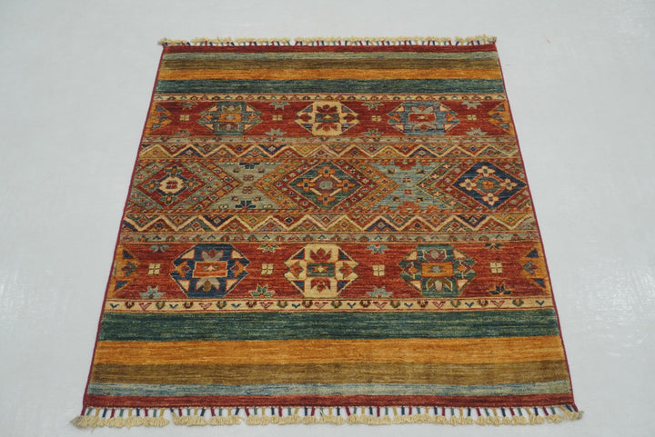 3x3 Red Tribal Afghan Hand Knotted Square Rug