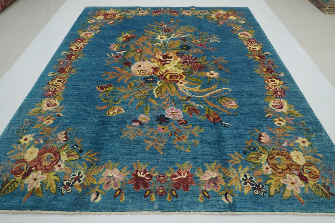 8x10 Blue Floral Karabagh Afghan Hand Knotted Rug