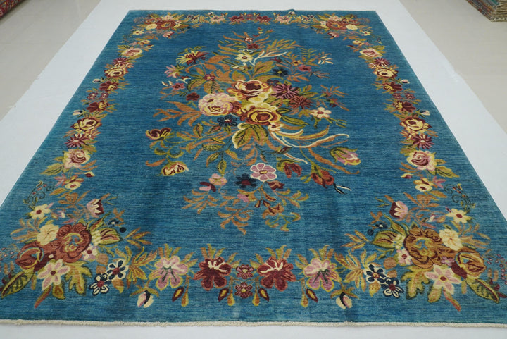 8x10 Blue Floral Karabagh Afghan Hand Knotted Rug