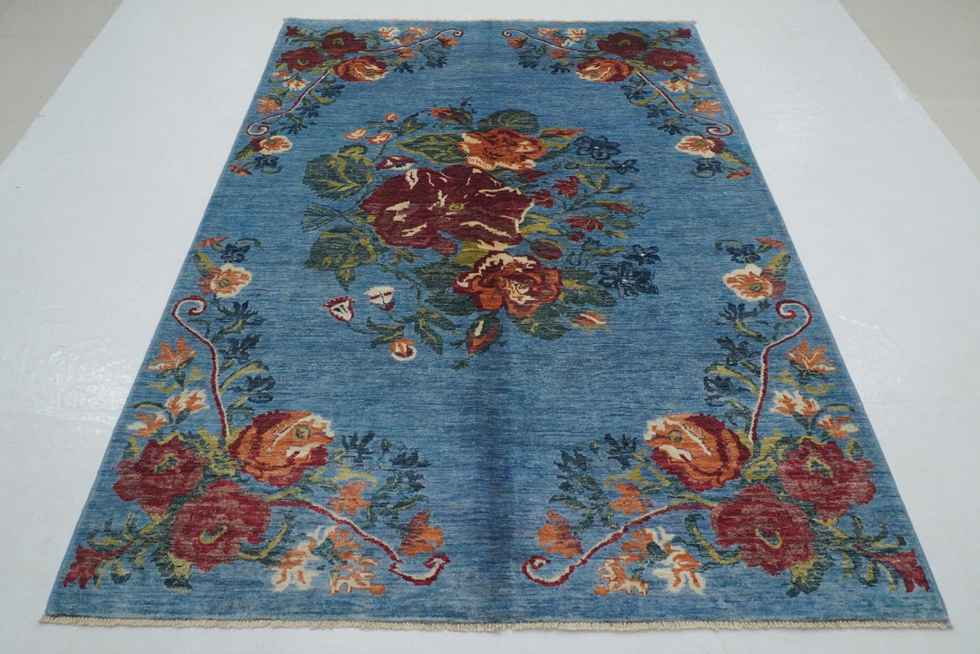 6x8 Blue Floral Karabagh Afghan Hand Knotted Rug