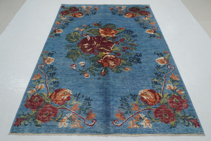 6x8 Blue Floral Karabagh Afghan Hand Knotted Rug