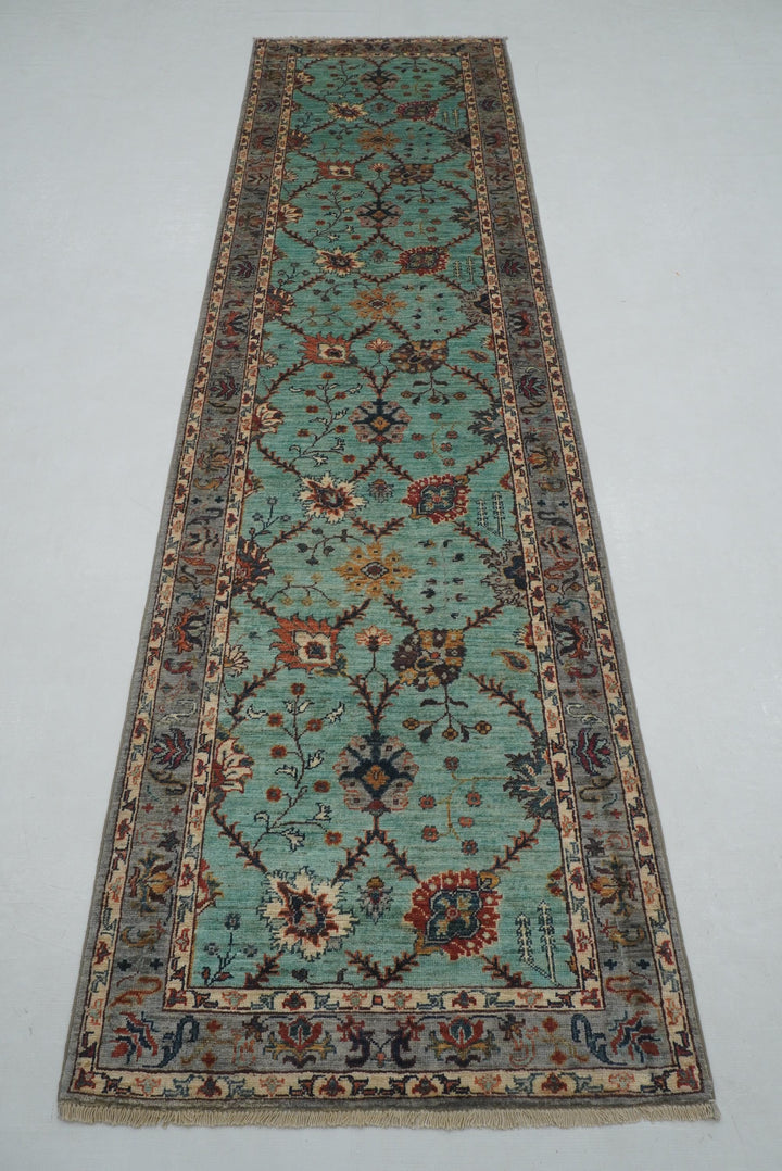 10 ft Turquoise Blue Waziri Afghan Hand knotted Runner Rug