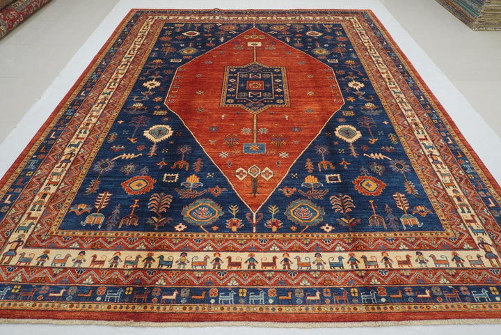 9x11 Red Blue Afghan Nomad Qashqai Hand knotted Tribal Gabbeh Rug