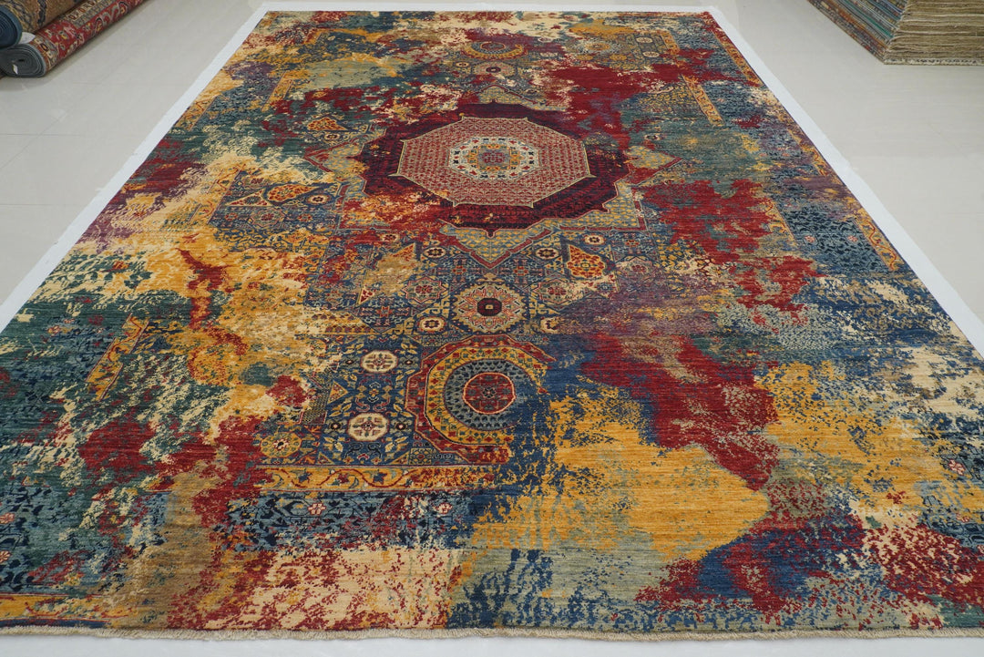 10x14 Blue Green Turkish Hand knotted Modern Mamluk Rug