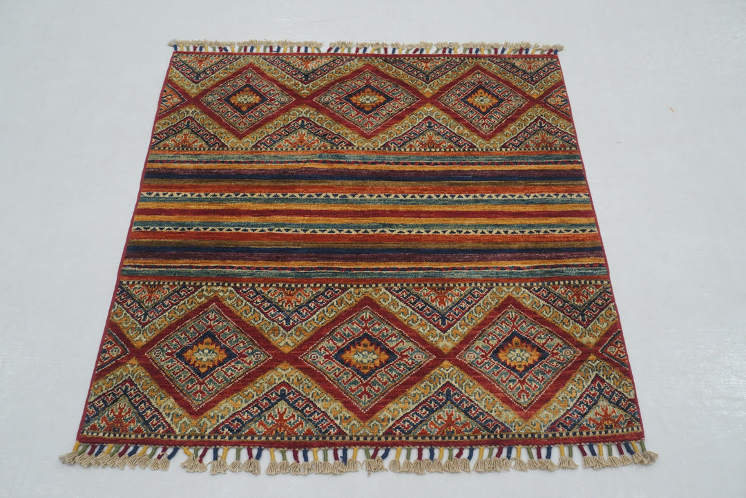 3x3 Red Tribal Afghan Hand knotted Square Rug