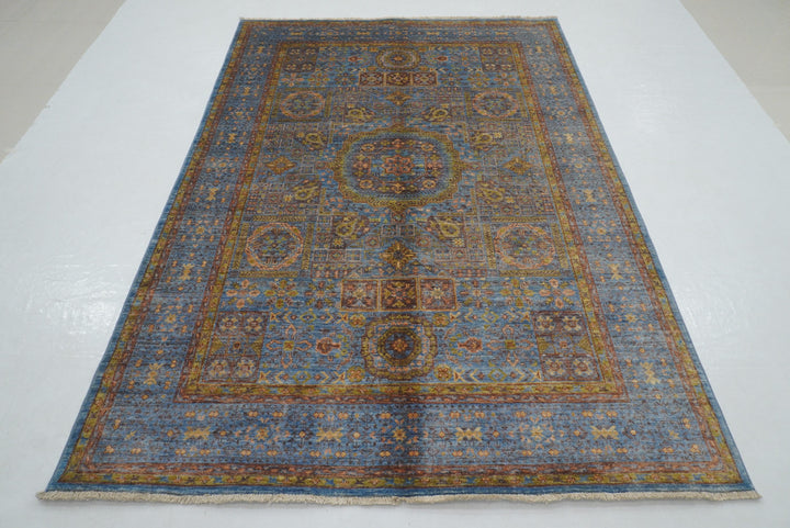 6x8 Blue Mamluk Turkish Hand Knotted Geometric Medallion Rug