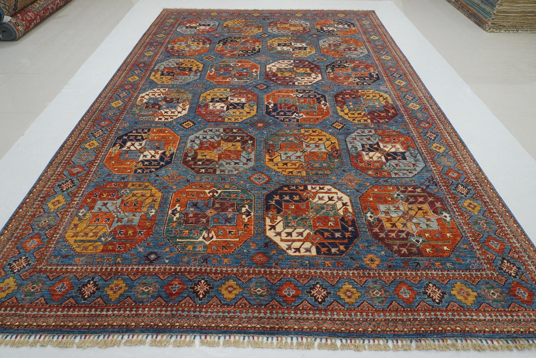 8x13 Blue Ersari Turkmen Afghan Tribal Rug